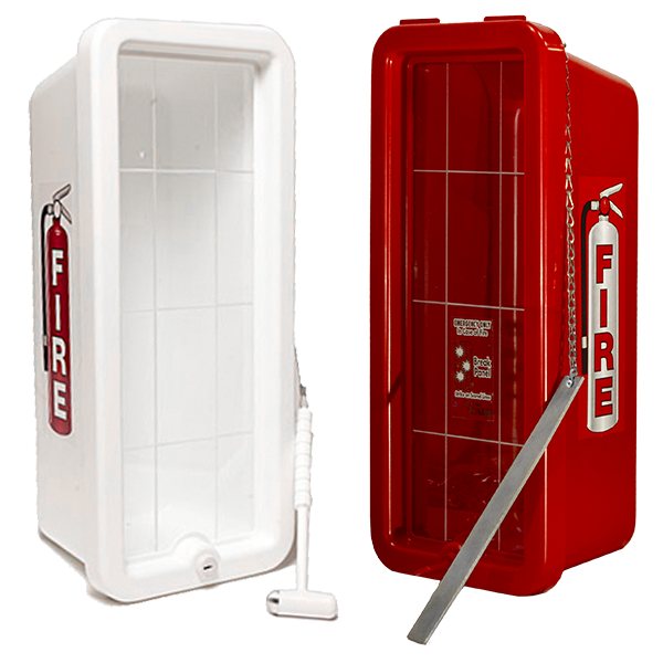 Cato Chief plastic fire extinguisher cabinets in white and red, doors open showing the break hammer